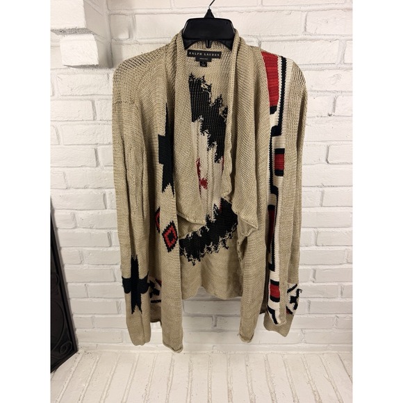 Ralph Lauren Sweaters - Ralph Lauren Hand Knit L Southwestern Intarsia Open Cardigan Linen Cotton